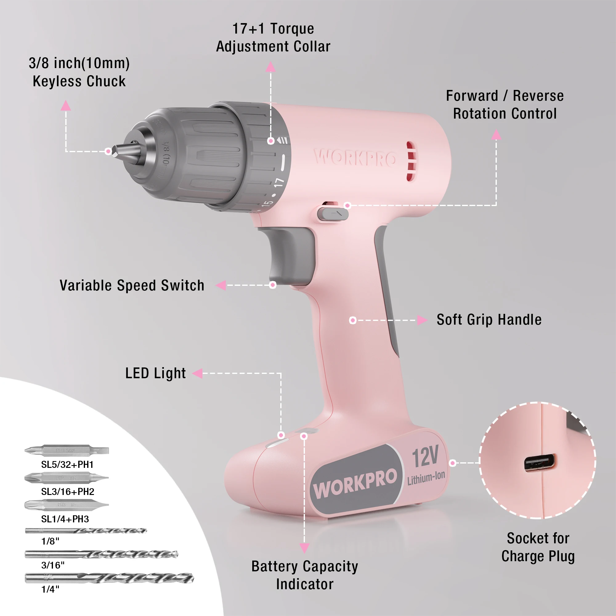 WORKPRO 12V Cordless Drill Driver Set Pink /White 17+1 Gear Torsion Adjustment  Electric Power Drill Tool Kit