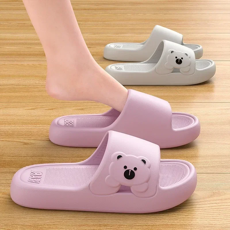 Platform Cute Bear Print Women\'s Slippers Unique Creative Non-slip Bathroom Slippers Popular Design Casual Couple Home Slippers