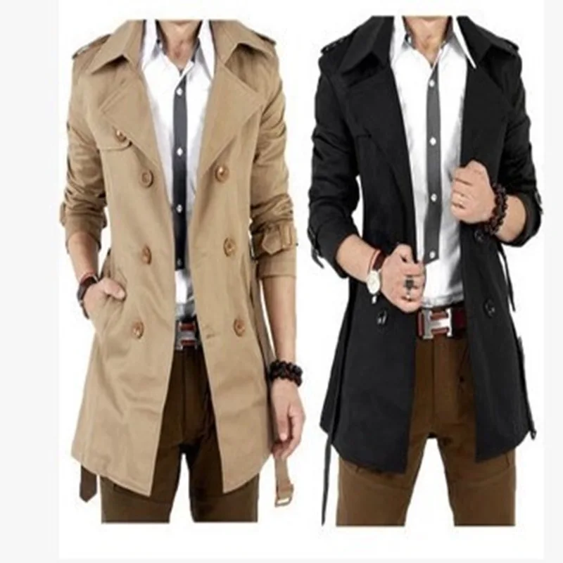

Windbreaker Jacket Men's Trench Coat Fashion Slim Fit Korean Style Double Breasted Medium Length Outerwear for Men