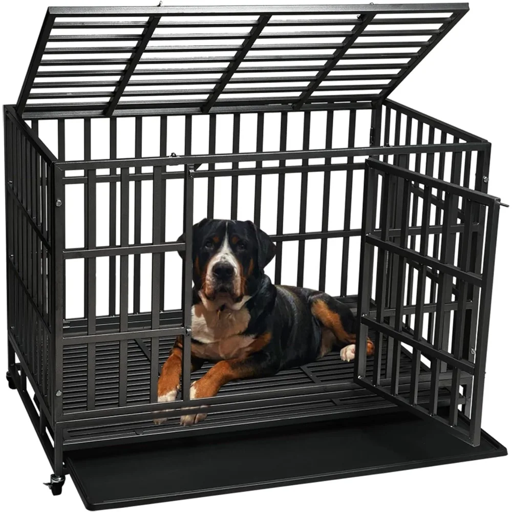 

48" Heavy Duty Dog Kennel Crate Cage for Large Dog Breeds, Pet Playpen with Metal Frame and Removable Tray, Double Doors