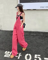 XS-XL jean womens 2022 Summer Preppy Style loose Girls Pink wide leg trousers jumpsuit korean casual denim overalls womens(78891 - Image 6