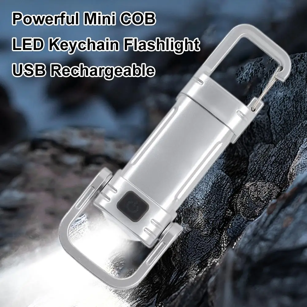 Mini Keychain Light COB Floodlight Red/Blue Warning Type-C Fast Charge IPX4 Waterproof for Camping Hiking Night Riding
