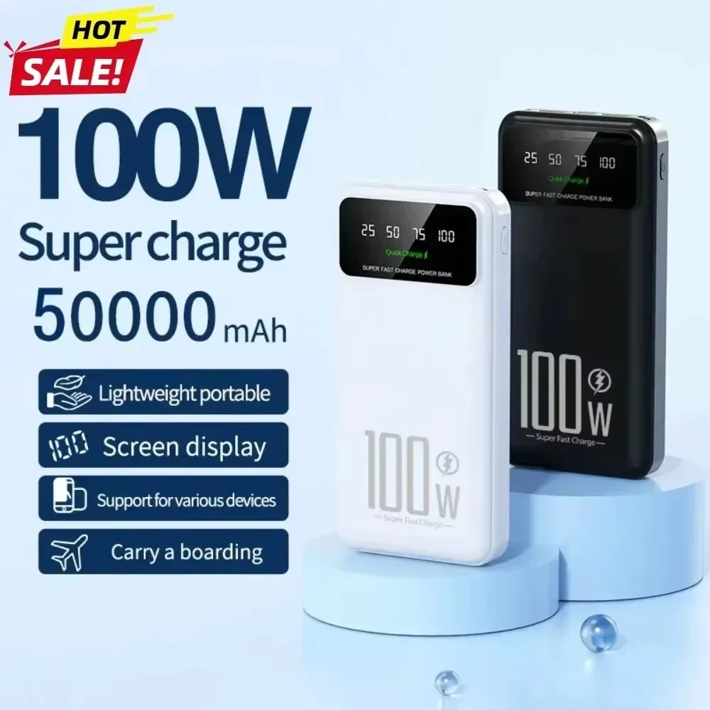 

Портативное зарядное устройство Power Bank 50000 мАч, высокая емкость, быстрая зарядка 100 Вт, аварийный источник питания для iPhone и Huawei