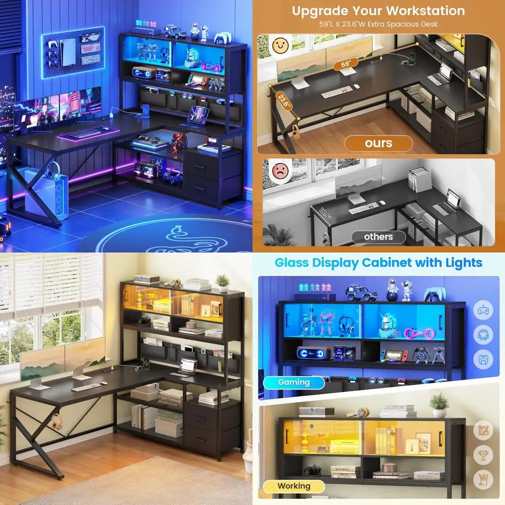 L-Shaped Gaming Desk with LED Lights, Home Office Computer Desk featuring 2 Drawers and Bookshelf, Glass Top, Ergonomic Design f