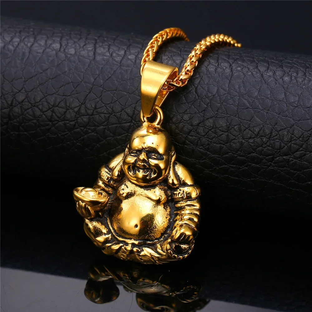 Chainspro Stainless Steel 3D Buddha Necklaces for Women Men Vintage Style Gold Color Maitreya Buddhism Jewelry P155 QC24