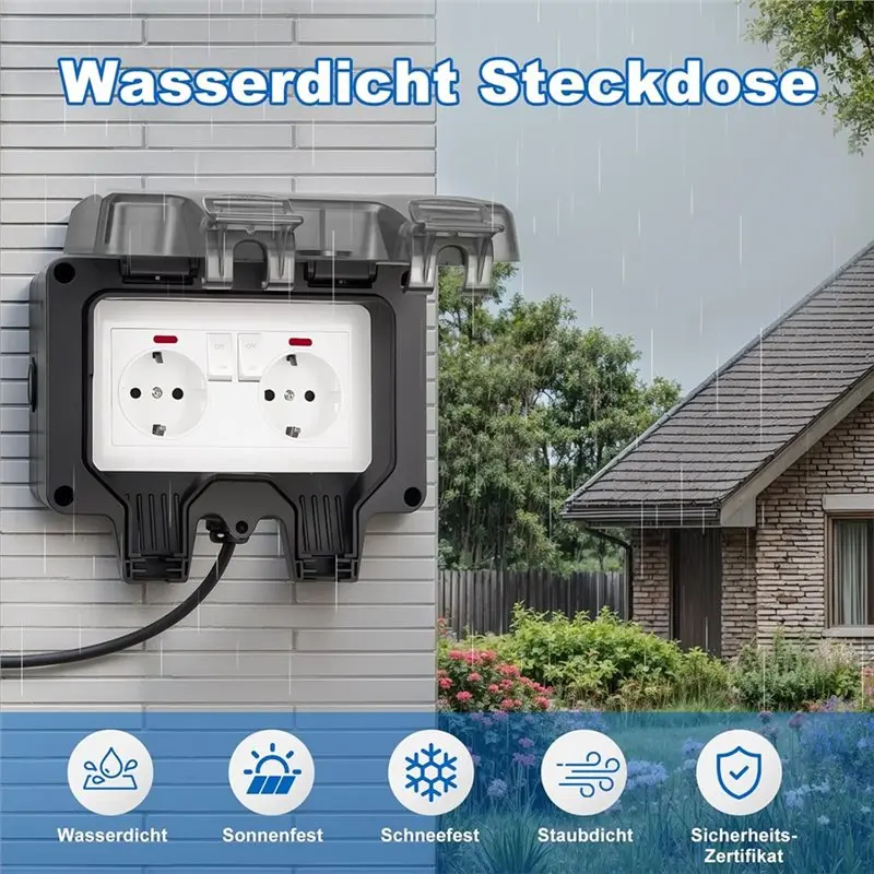 IP66 Waterproof Outdoor Socket With Switch Indicator Light, 3680 W Weatherproof Design, Eu Plug Included