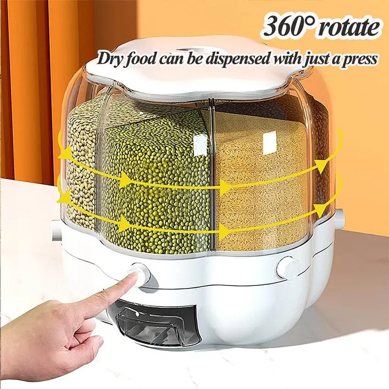 6-in-1 Rice Dispenser 360 Degree Rotating Sealed Dry Cereal Grain Bucket Moisture-proof Kitchen Food Container Storage Box