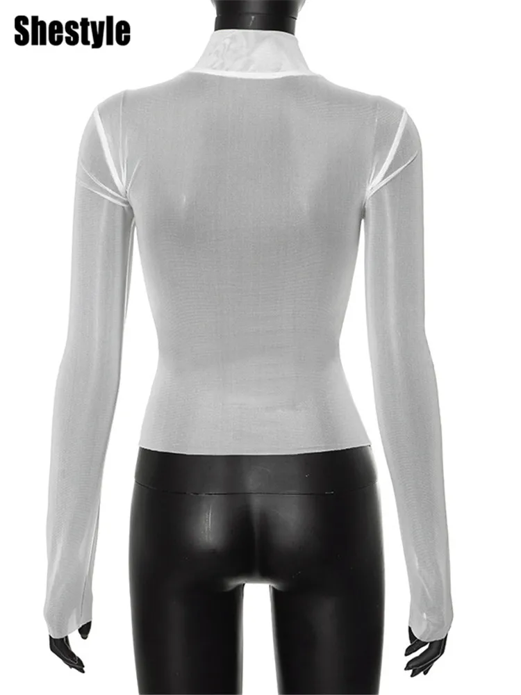 Shestyle 여성용 해골 개 프린트 흰색 티셔츠, 고딕 비대칭 전체 소매 메쉬, 우아한 섹시 핫 거트 탑, 용수철 티