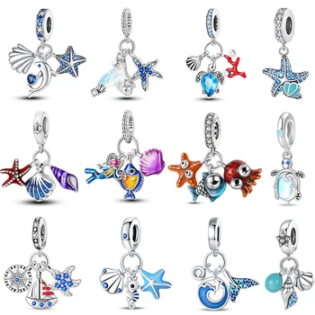 925 เงินแมงกะพรุน Dolphin เต่าปลาดาว Shell Luminous Ocean Series Charms ลูกปัด Fit Pandora สร้อยข้อมือเดิม DIY เครื่องประดับ