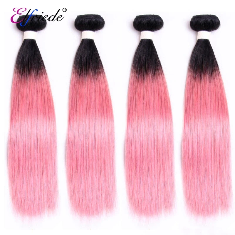 Elfriede Ombre #1B/Rose PInk Straight Hair Bundles with Closure Brazilian Remy Human Hair Weaves 3 Bundles with Lace Closure 4x4