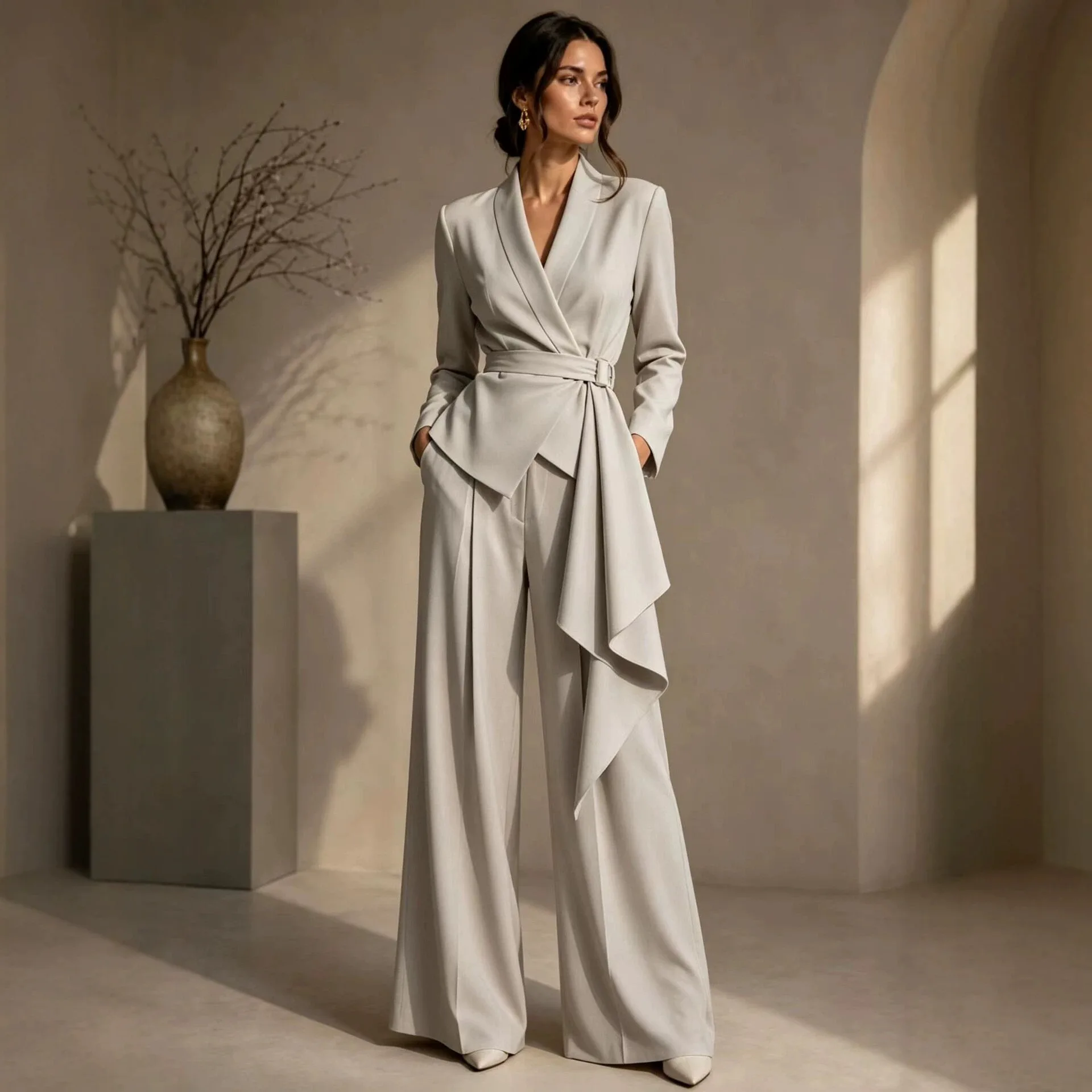 Elegant Women's 2-piece Long Pants Lightweight Long Sleeved Lace Up Sweatshirt&wide Leg Long Pants Suit Office Commuting Suit