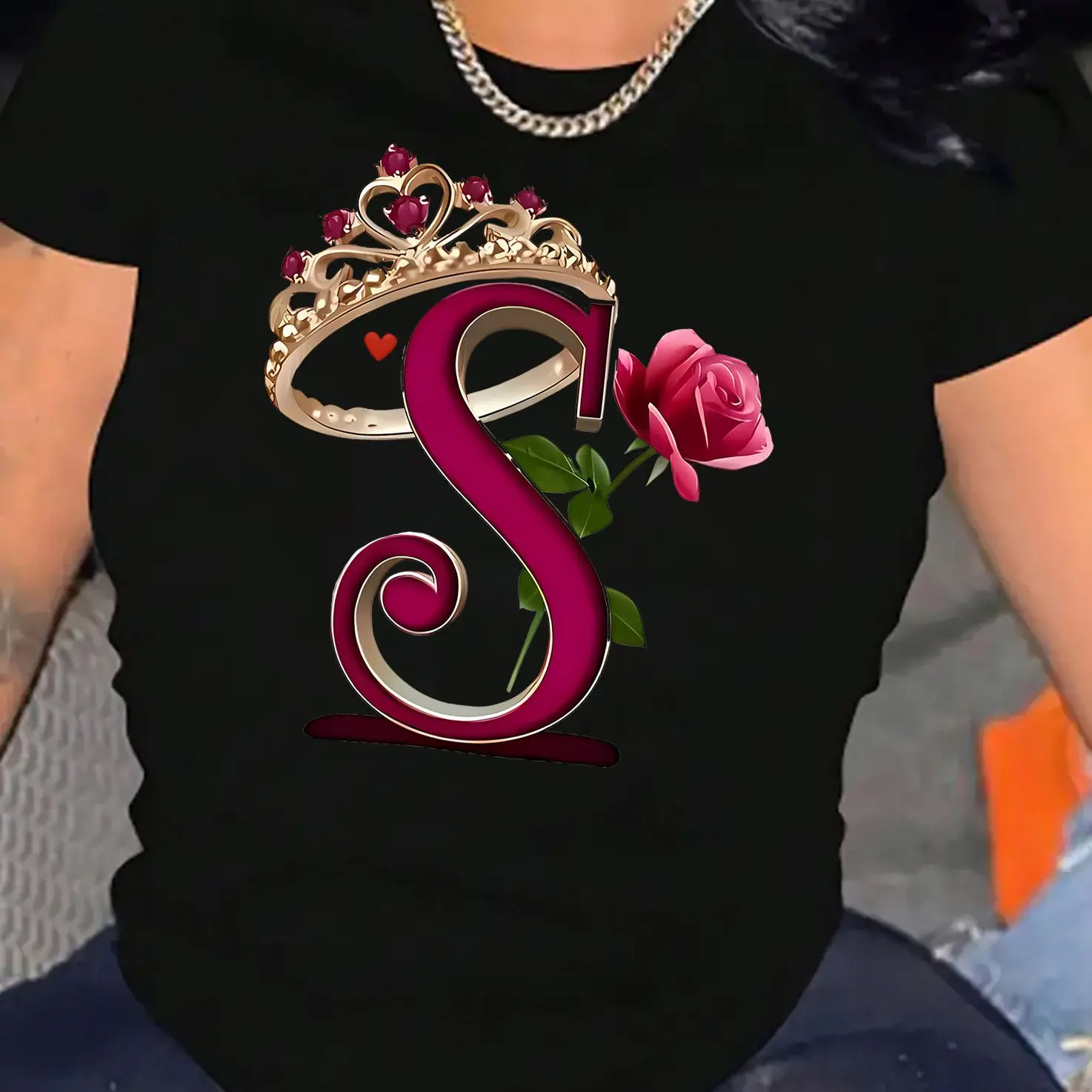 

3D S Letter Printed Women's T-shirt Leisure Fashion Crown Pattern Crew Neck Short Sleeve Top Outdoor Street Trend Female Clothes