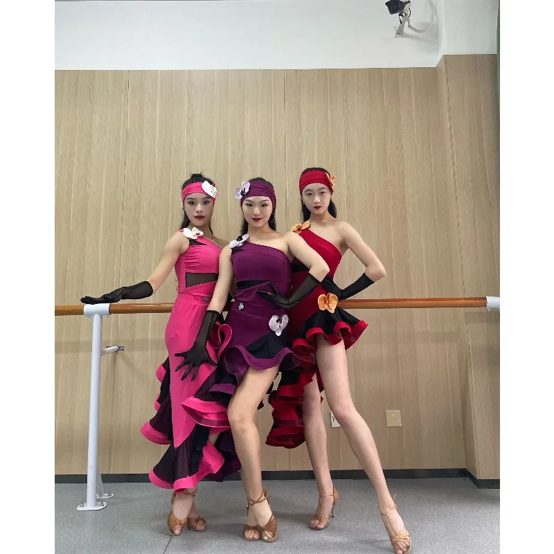 Customized Slanted Shoulder Fishbone Skirt Latin Dancewear Competition Art Exam Dress Long Style Big Swing Skirt