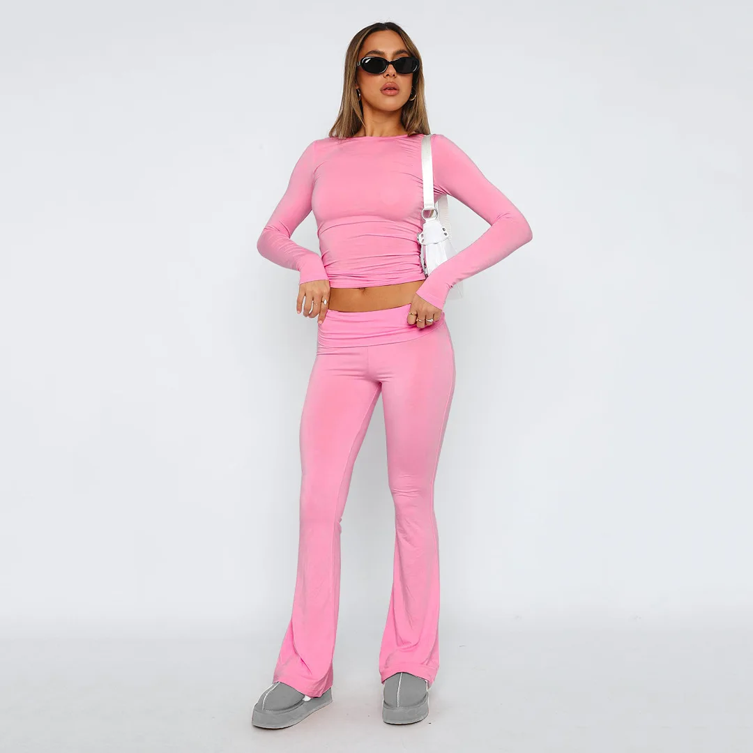 Solid Casual 2 Piece Set Women Tracksuits O-Neck Long Sleeve Slim T-shirts Crop Tops Folded High Waist Flare Pants Jogger Suits