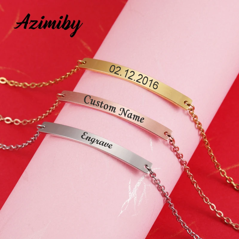 

Azimiby Custom Engrave Name Custom Bracelets 4-Color Stainless Steel Tiny Hand Chain Customized Women Girls Jewelry Gift