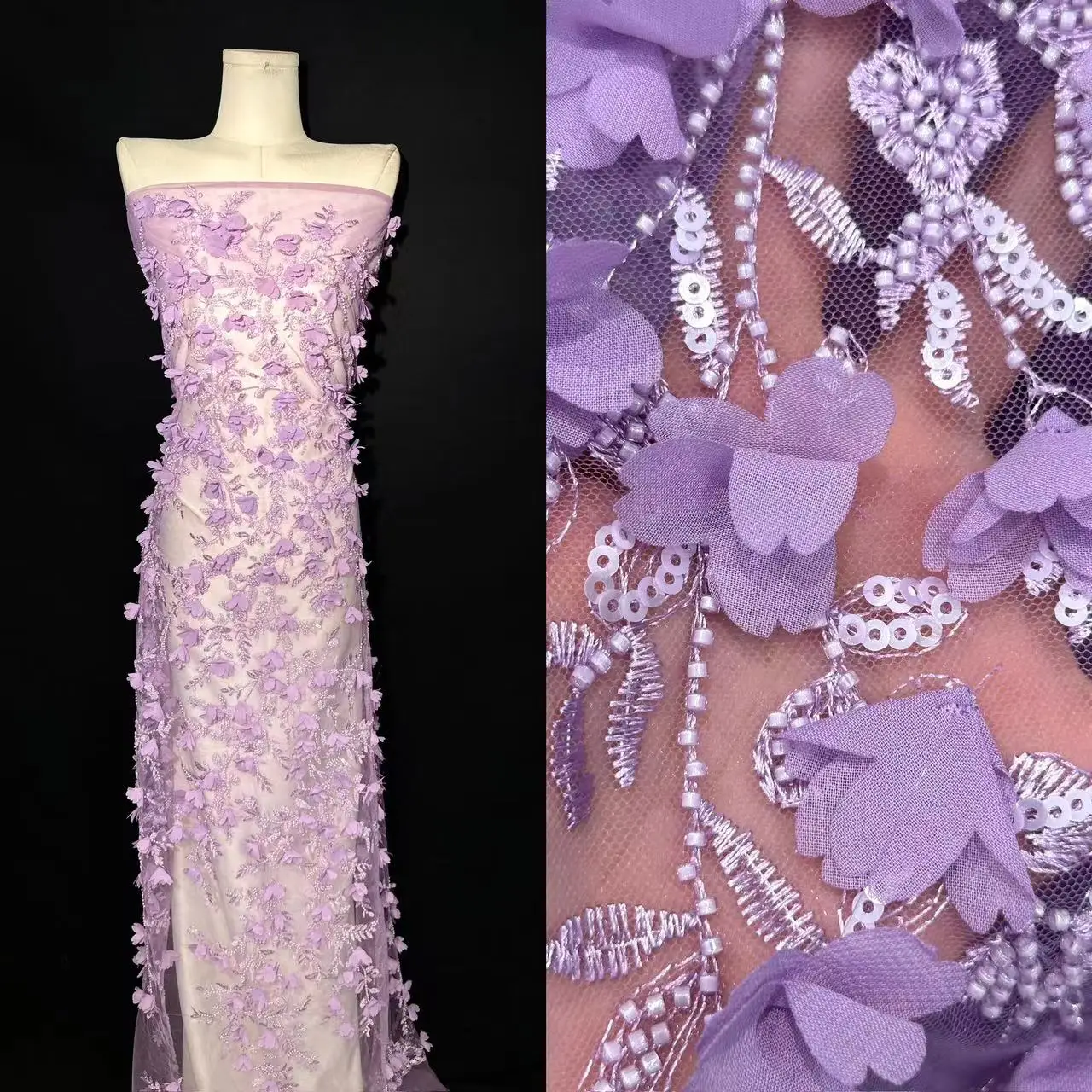 2024 New French 3D Embroidered Flowers Tulle Lace Fabric African Hight Qualiy Sequins Beaded Lace Fabric For Women Wedding Dres