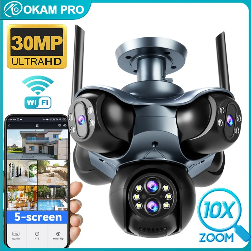 

OKAM 5 Screen Security Camera HD 30MP 10X ZOOM WiFi Camera PTZ People Detection Night Vision Waterproof Two-Way Intercom Camera