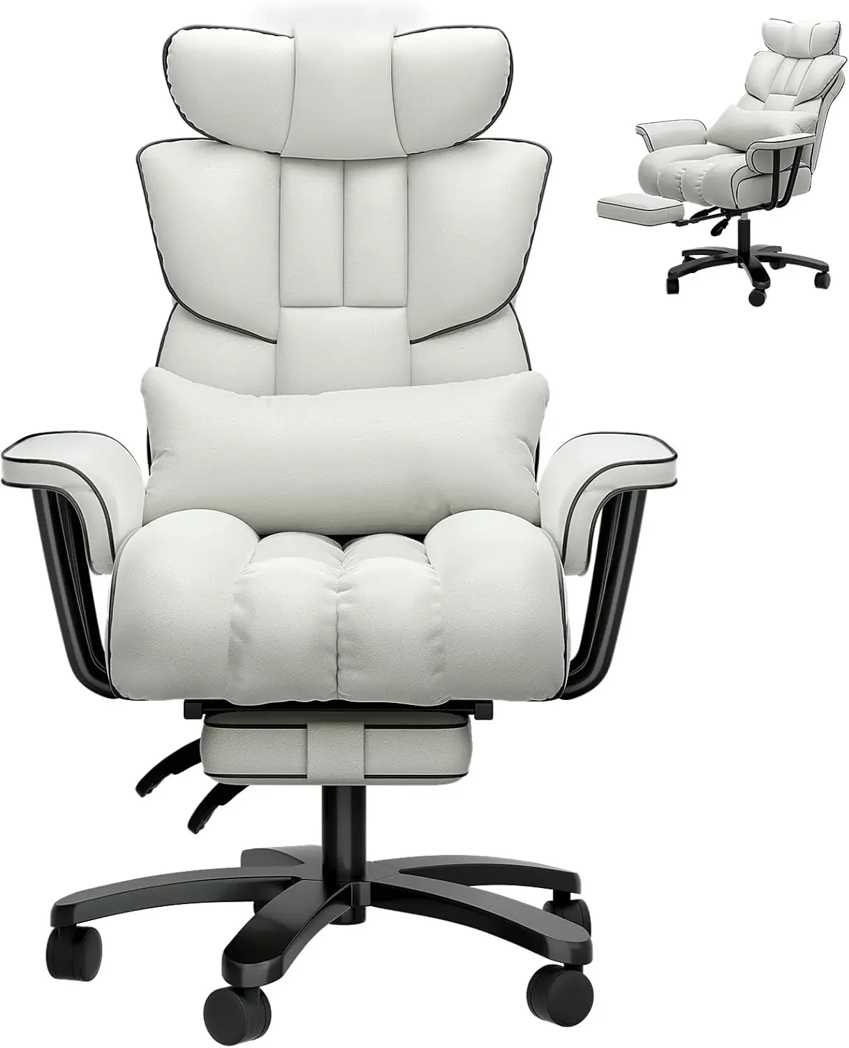 

Big and Tall Office Chair 400lbs Wide Seat, Comfortable Reclining Office Chair with Footrest, High Back White Leather Executive