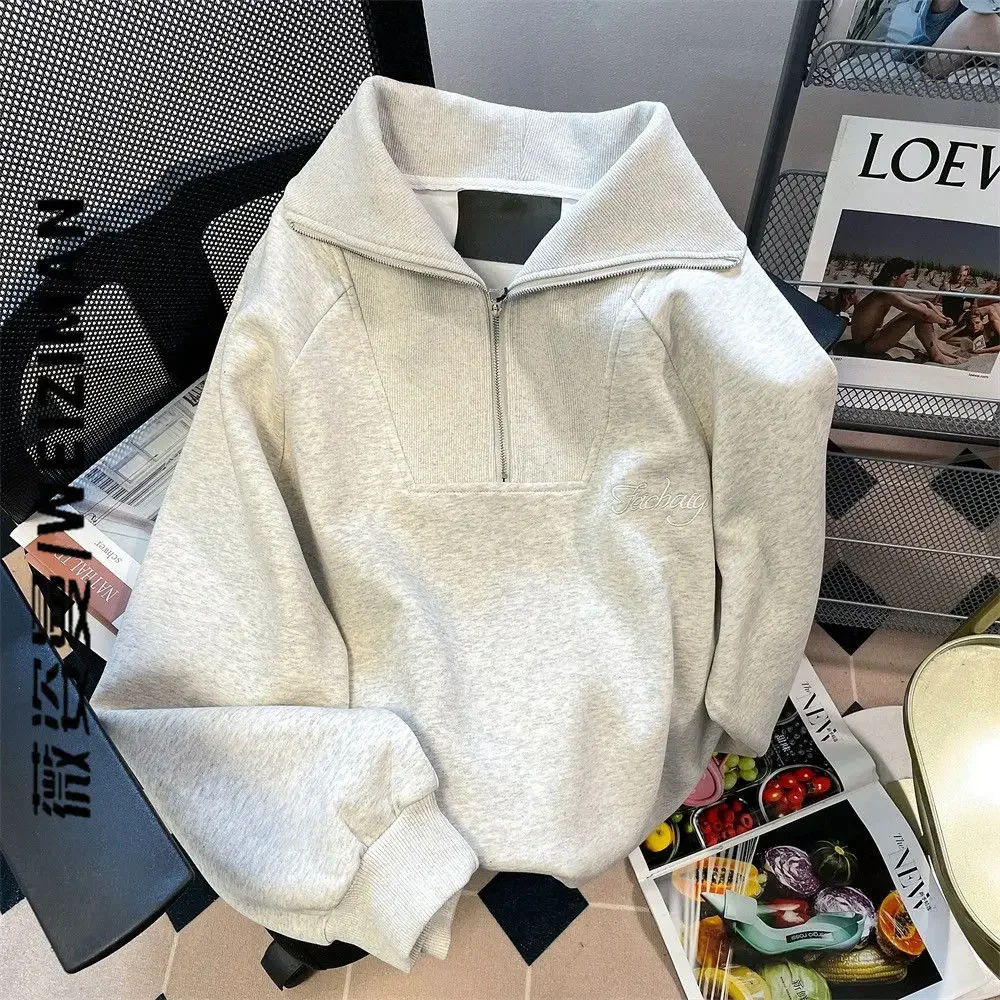 

Female Top Grey Women's with Zipper Sweatshirts Spring and Autumn Full Zip Up Pullovers Matching High Quality Designer Casual E