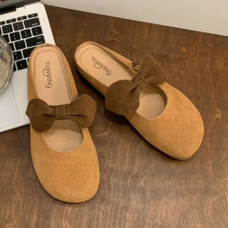 Spring New Baotou Slippers Women's Round Head Shallow Mouth Suede Butterfly Knot Soft Sole Anti-slip Wear-resistant Flat Shoes