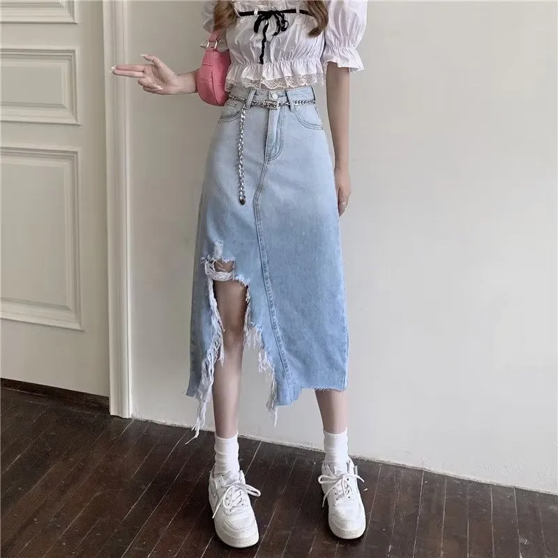 Ripped Irregular Denim Skirt for Women New Retro Slit Mid-length Skirt High Waist Large Size Female Clothing Street Style