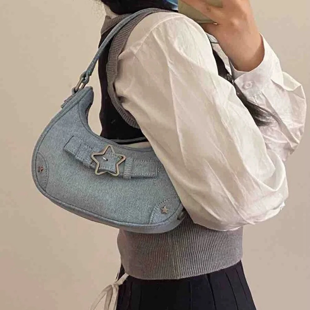 Women Casual Hobos Bag Vintage Y2K Top-Handle Bag Denim Star Decor Solid Color Gift for Girls Female Armpit Bags Purse Tote Bag