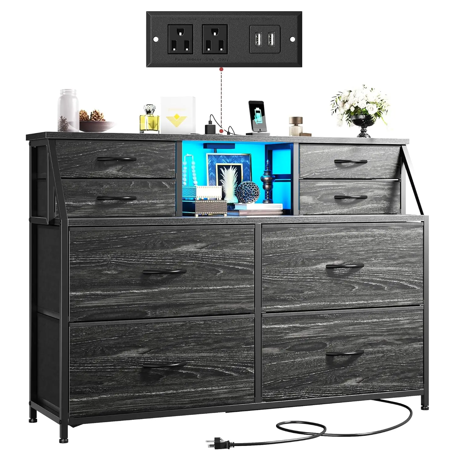 8 Drawer Storage Dresser with Charging Station & LED, Fabric Chest Organizer for Bedroom, Hallway, Entryway,, Customized