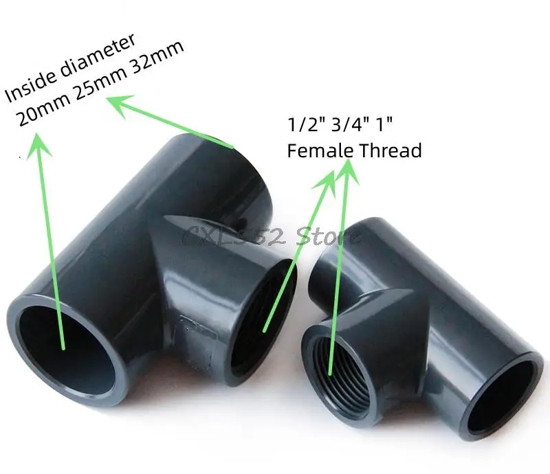 

1Pc Inside Diameter 20/25/32mm x 1/2" 3/4" 1" Female Thread PVC Grey Water Supply Pipe Tee Joint