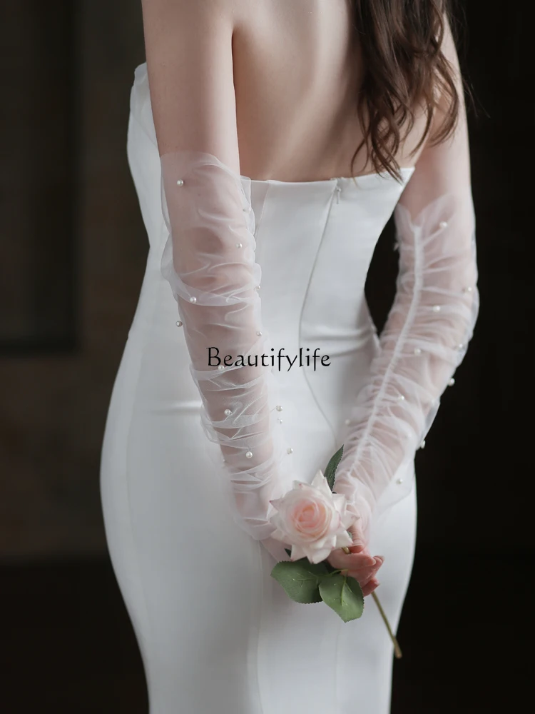 Super Fairy Long Fingerless Wedding Gloves All-Match Pearl Mesh Wedding Sleeves Wedding Accessories