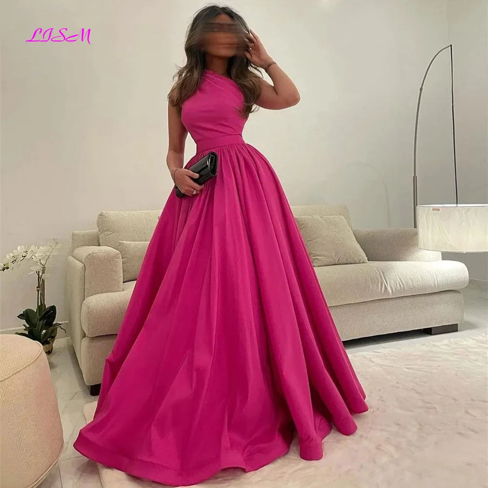 

A-Line Fuchsia Satin Evening Dress Saudi Arabia One Shoulder Dubai Formal Celebrity Prom Gowns Long Women Party Dresses