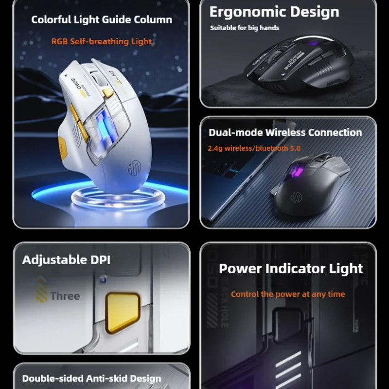 A9 ماوس بلوتوث لاسلكي 2.4G RGB تأثير الضوء 12800 ديسيبل متوحد الخواص قابل للتعديل مريح ماوس محمول مع مؤشر البطارية ل