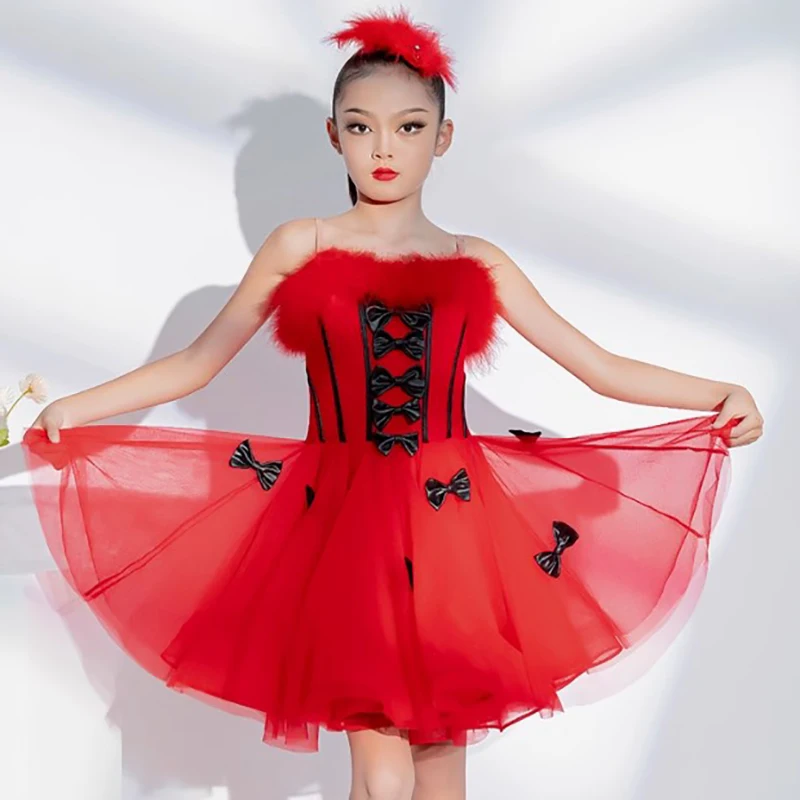 

Feather Latin Dance Dress Kids Girls Spaghetti Strap Yarn Dress Bow Puff Tutu Red Costume Children's Performance Dancewear