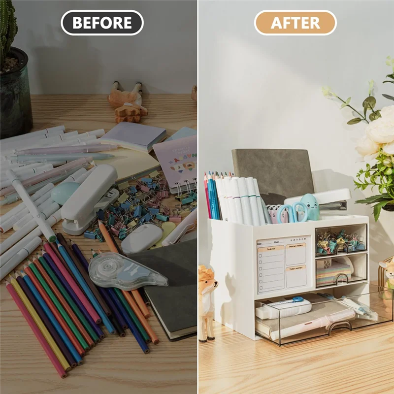 

Desk Organizer With 3 Drawer,Multi-Functional Pencil Pen Holder For Desk,Desk Organizers And Storage With 8 Compartments-BAAX