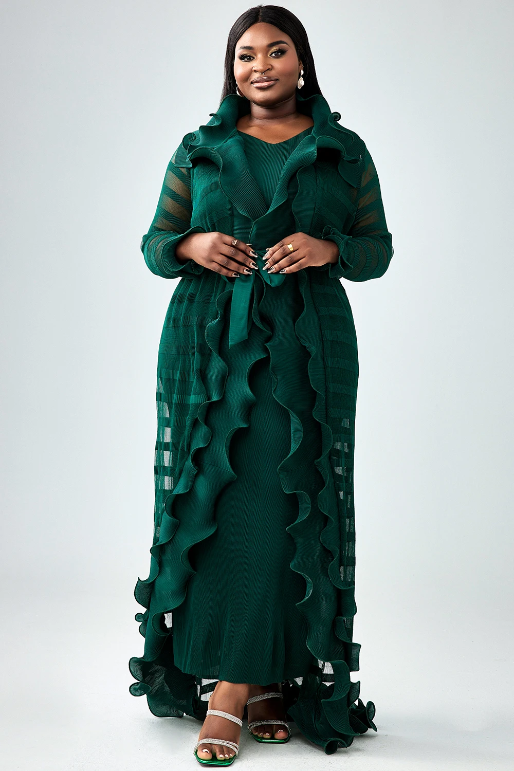 Knitted Women\'s Plus Size Dress Semi Formal Two Piece Dress Set Green See-Through Ruffle Knitted Autumn Two Piece Maxi Dress Set