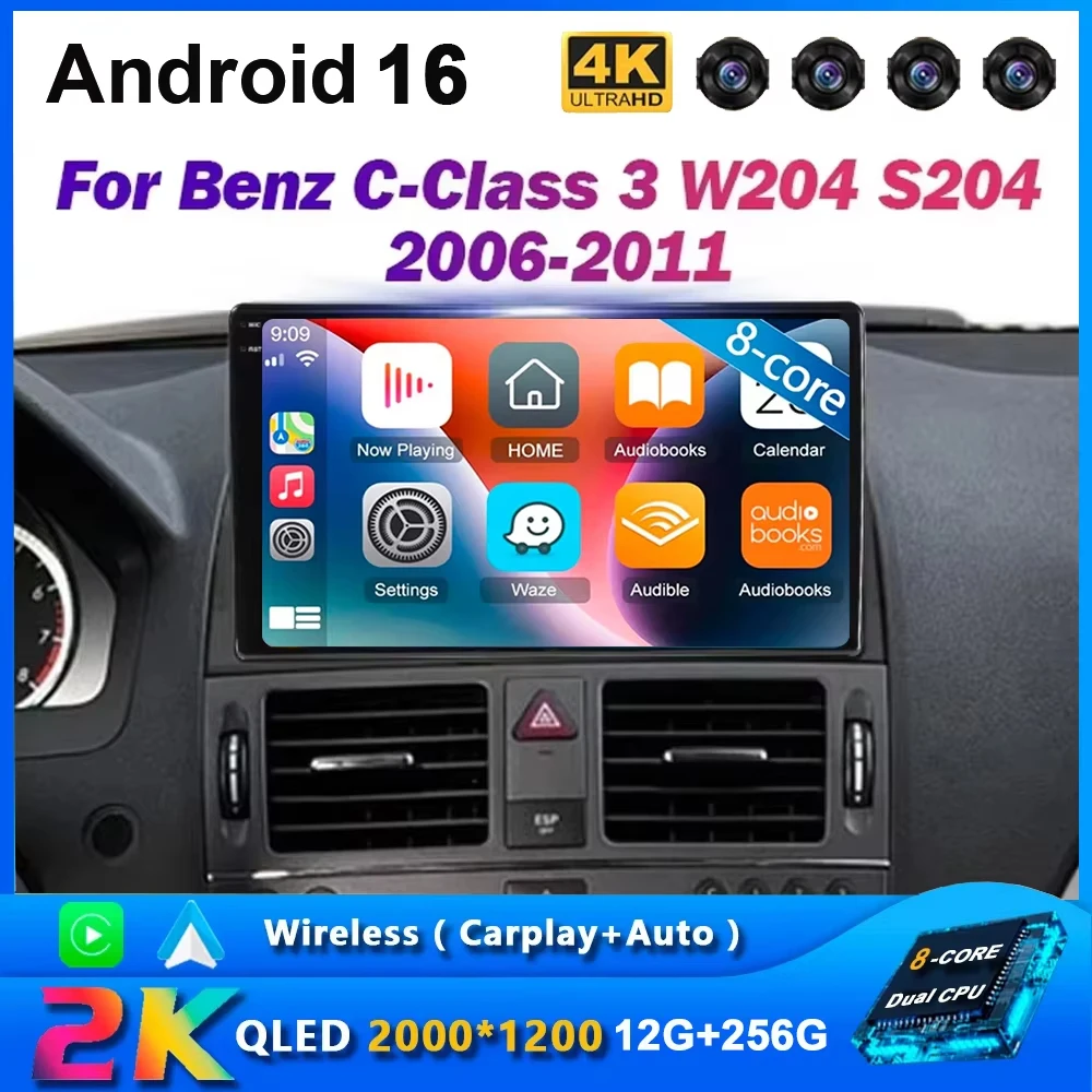Android 16 Car Multimedia Player For Benz C-Class 3 W204 S204 2006 - 2011 Radio Navigation Stereo Carplay Autoradio GPS 8+128G