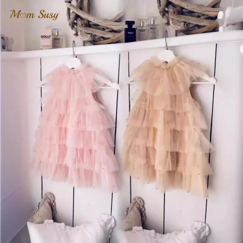 

Fashion Baby Girl Princess Pearl Gauze Tutu Layered Dress Sleeveless Child Cake Tulle Vestido Party Birthday Baby Clothes 1-10Y