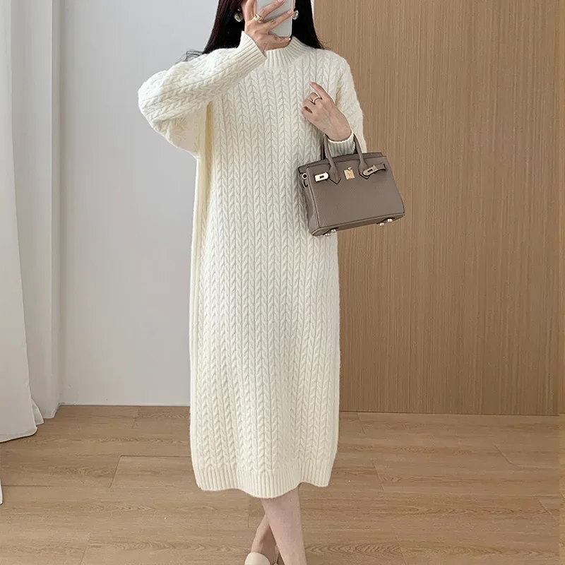 Japanese Style Lazy Style Solid Round Neck Fried Dough Twists Knitting Dress Autumn and Winter New Casual Versatile Wool Dress