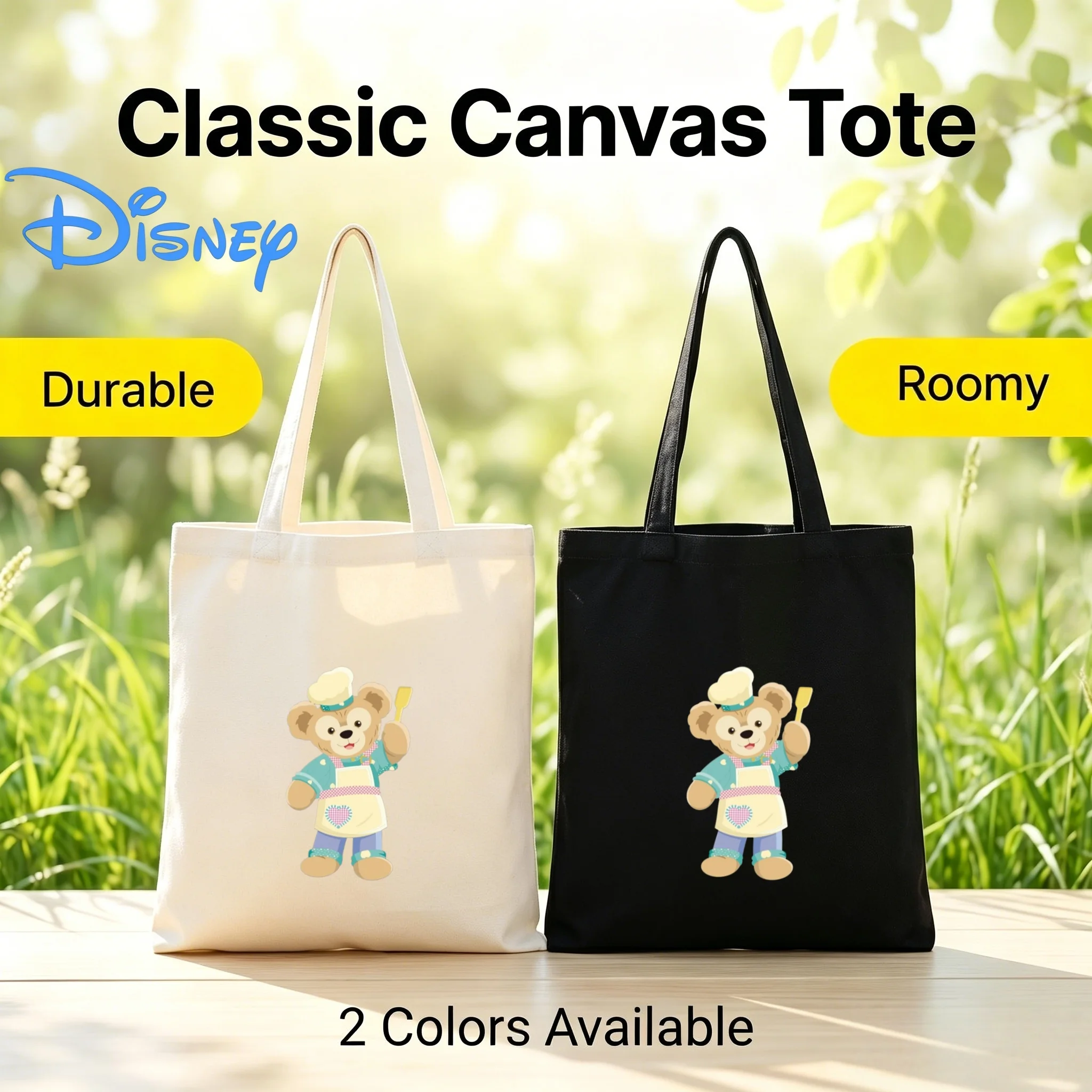 

1PC Disney Chef Duffy Bear With Wooden Spatula Print Canvas Tote Bag Eco Shopping Casual Shoulder Handbag