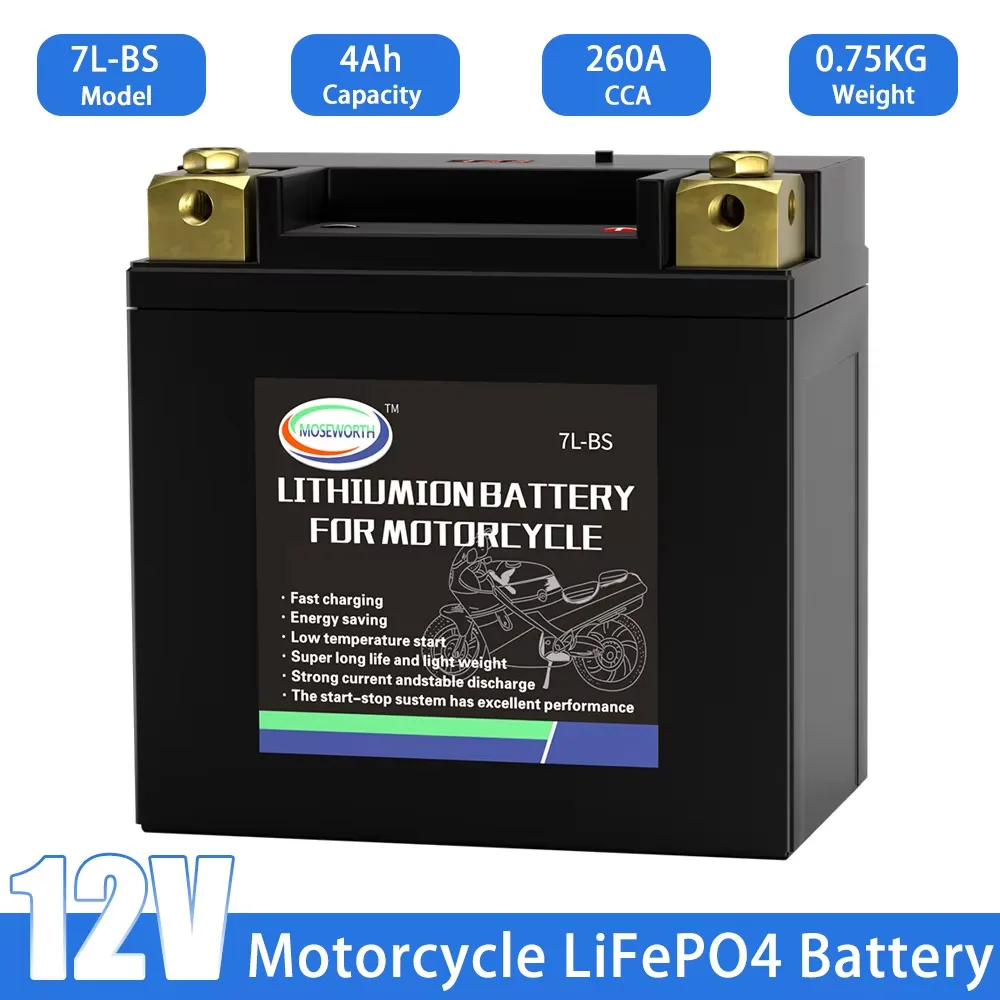 7L-BS 12V LiFePO4 Motorcycle Battery Built in BMS 4Ah CCA260 Lithium Iron Phosphate Batteries Maintenance Free for Scooter ATV