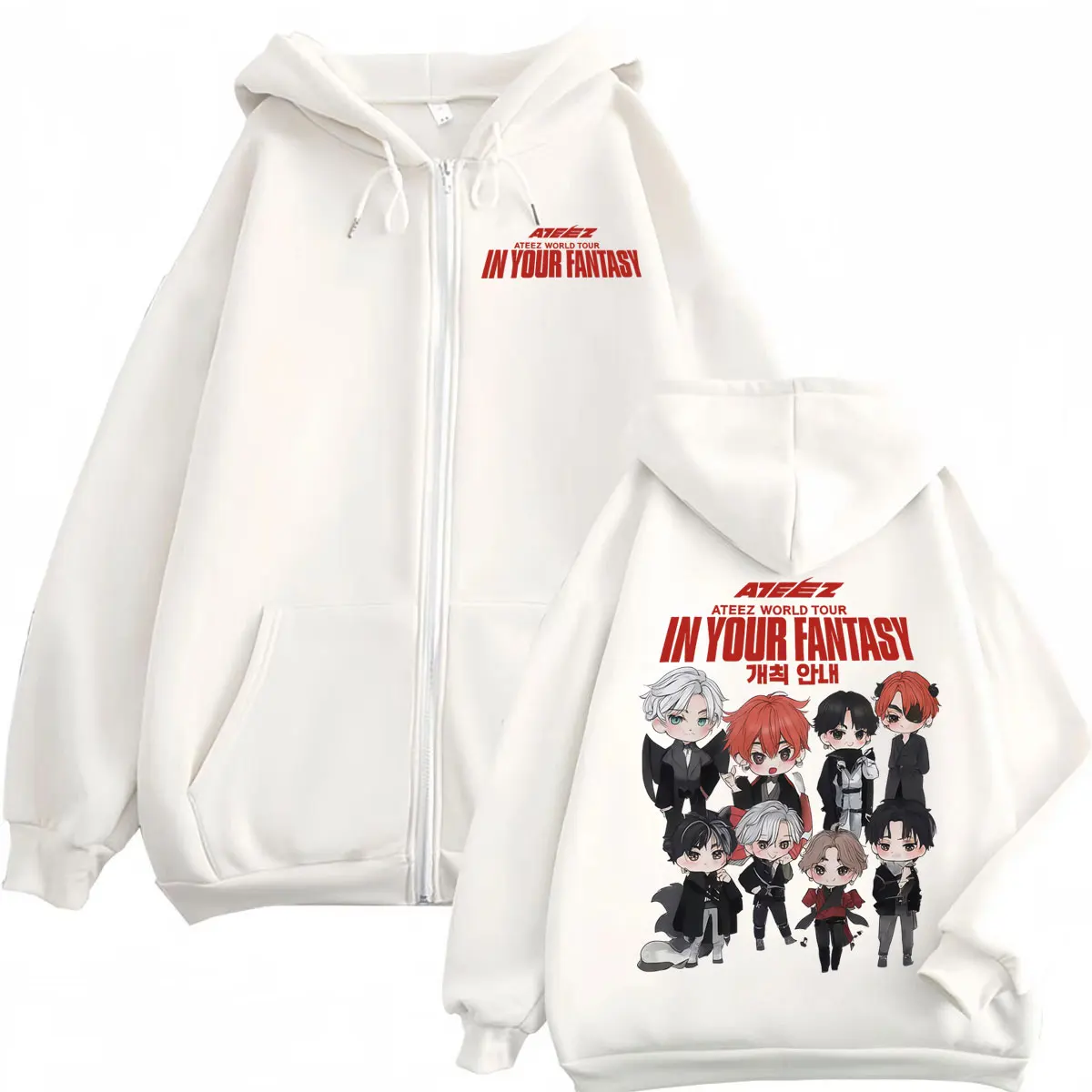 

Kpop ATEEZ 2025 World Tour in Your Fantasy Zipper Hoodie Fashion Cartoon Graphic Zip Up Sweatshirts Men Women Casual Pullovers