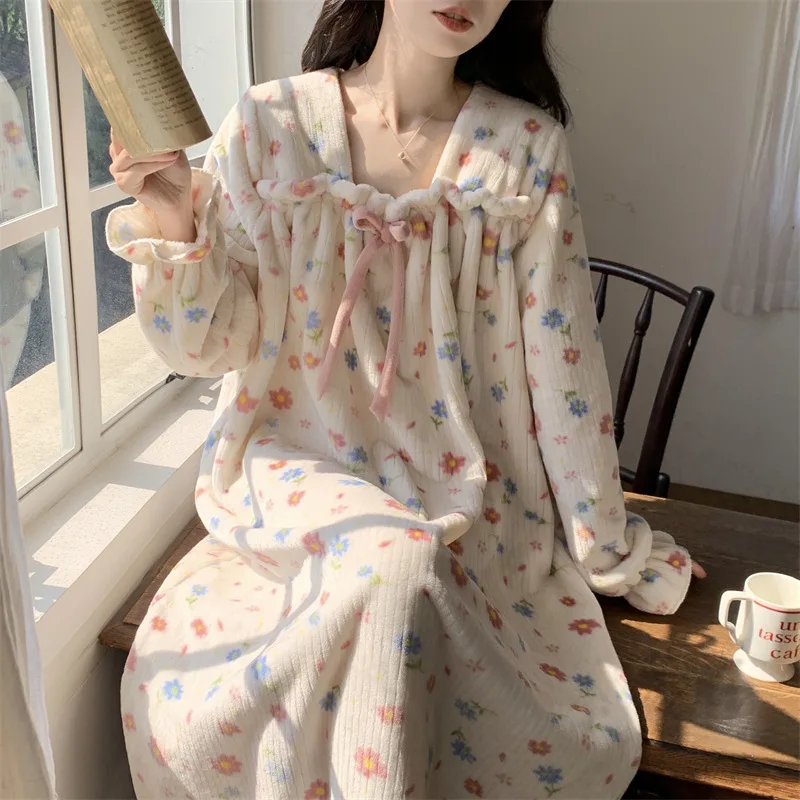 

Nightgown Winter Women's Thin Home Loose Cozy Simple Affordable Elegant High-quality Casual Warm Sweet Cute Fresh Breathable