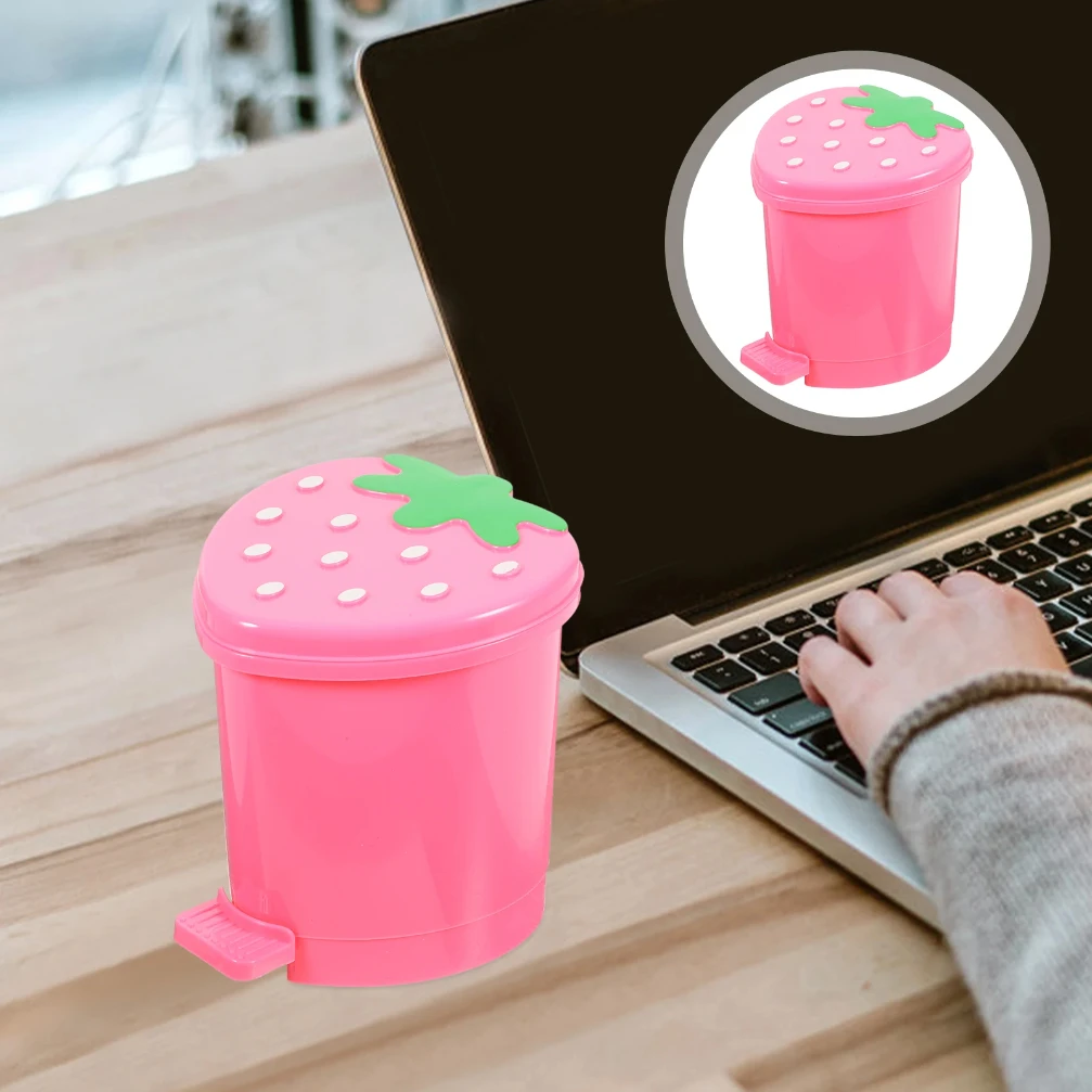 Picture 5: Mini Trash Can with Lid Plastic Trash Basket for Home Bedroom Office Desktop Garbage Storage Box Cartoon Red Pink Container