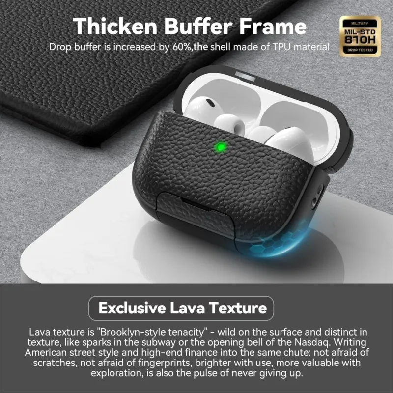 

Black lychee pattern holder protective cover for AirPods 4/Pro3 shock-absorbing protective cover, with foldable holder