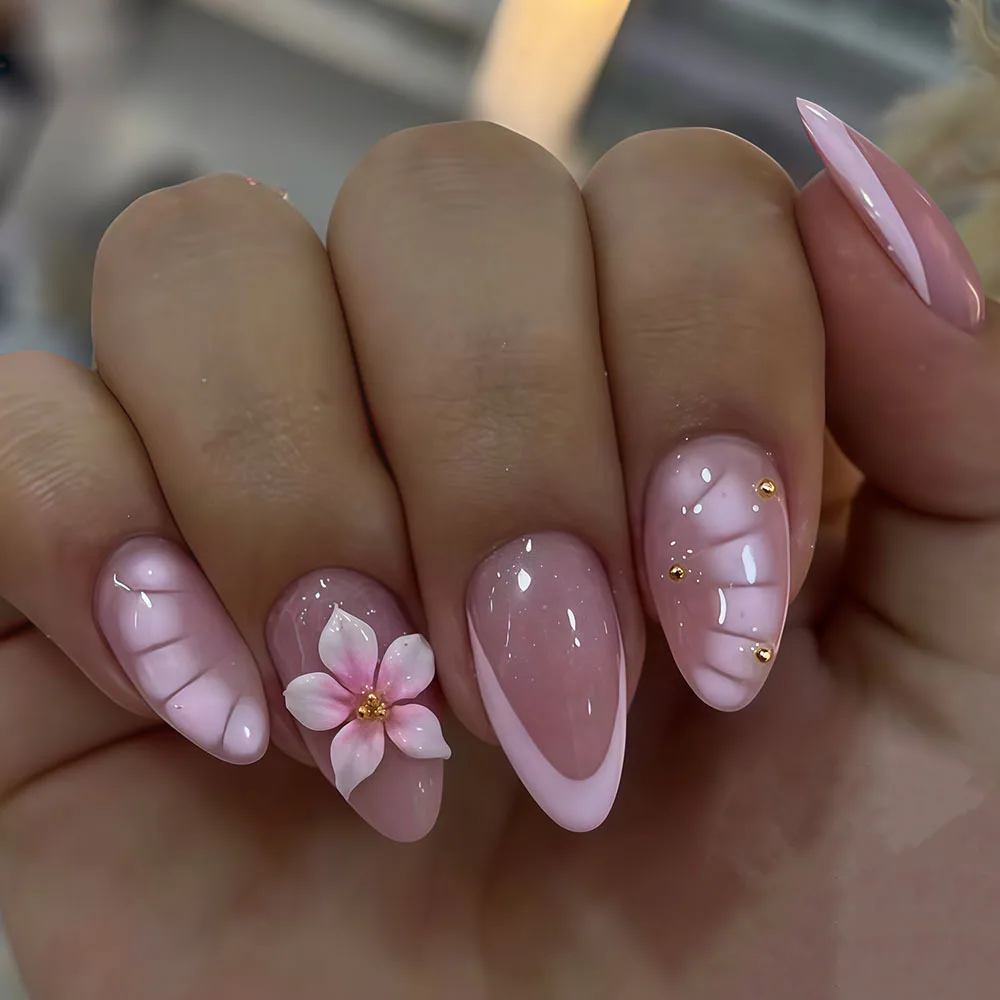 

24pcs Sweet Flower Design Press on Nails Pink French Almond Fake Nails Reusable Spring Summer False Nail Sets Finished Manicure