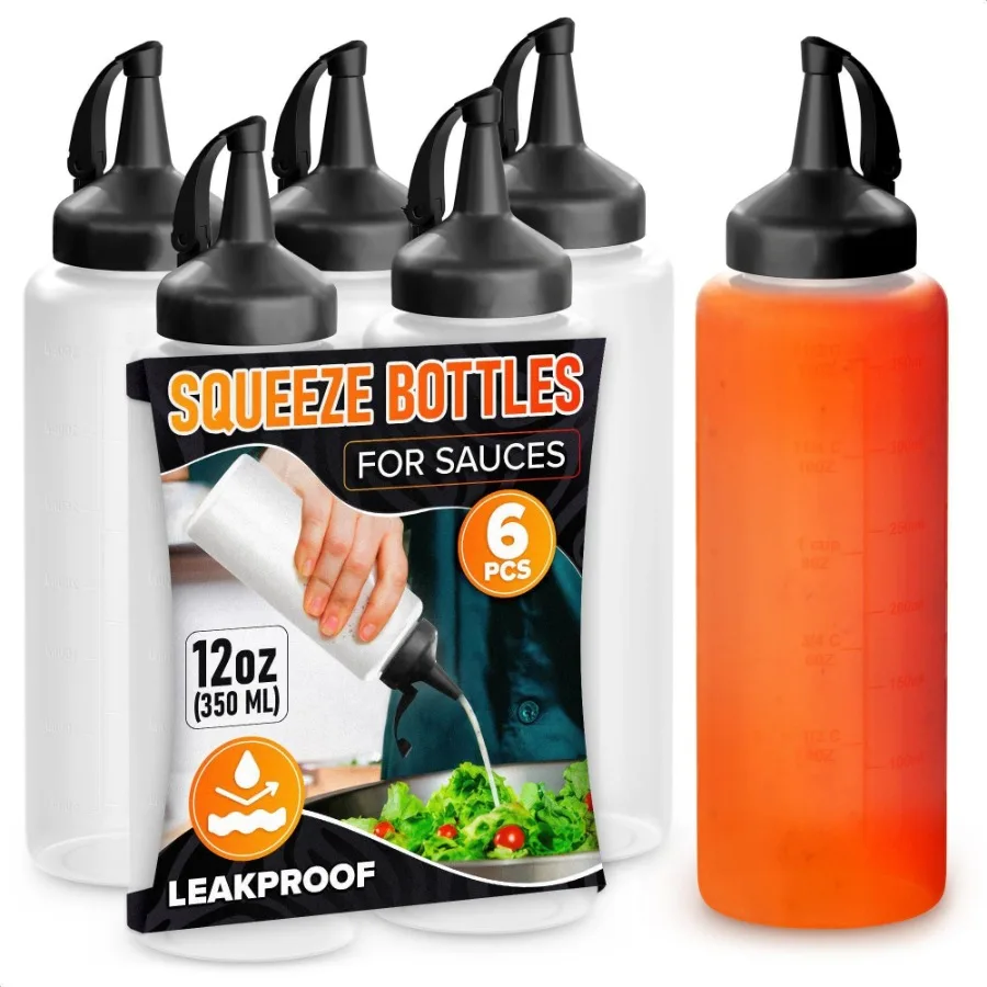 

6 Pcs Condiment Squeeze Bottles for Sauces 12 oz Squirt Bottles for Liquids Refillable Leak Proof Easy to Fill Durable and Conv