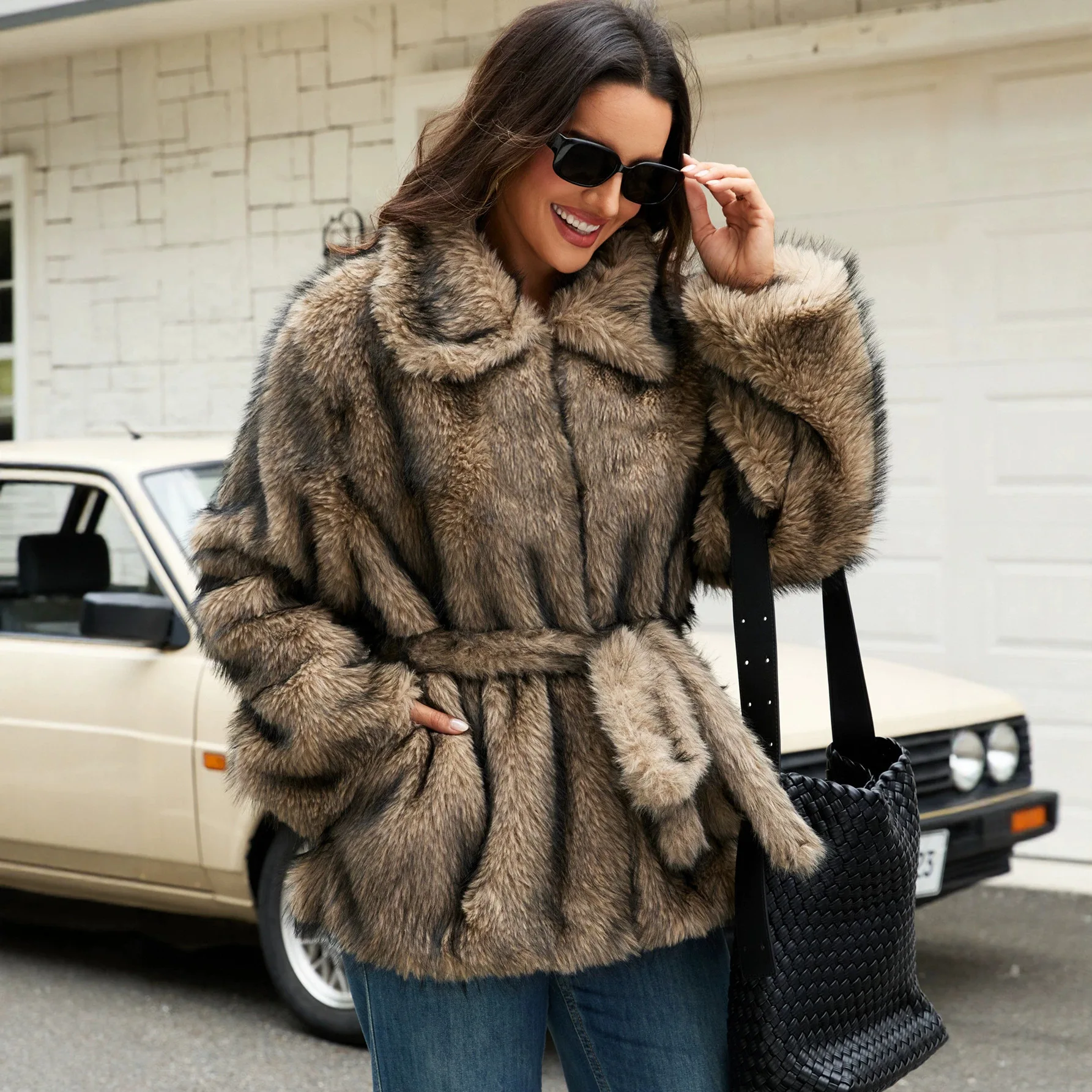 Women Faux Fox Fur Coats Solid Fur Jackets Lace Up Pocket Cotton Linen Turn Down Collar Long Sleeves Casual 2026 Autumn Winter