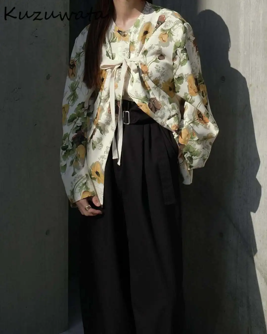 

Kuzuwata Fashion Print Chinese Style French Blazers Casual Elegant Slim Lace Up Coat Japanese Loose Small Fragrance New Jacket