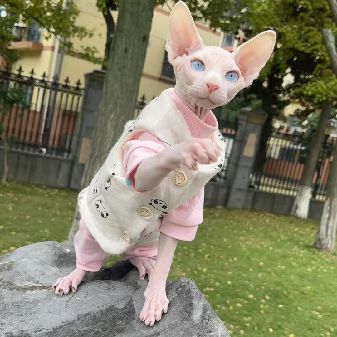 Winter Velvet Jacket for Hairless Cat Thick Warm Cute Panda Vest for Sphynx Cat Abyssinian White Cartoon Pajamas for Devon Rex