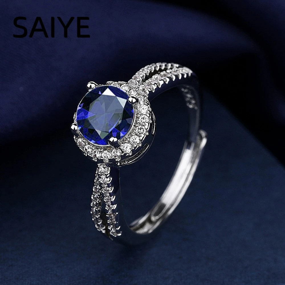 925 Sterling Silver Round Blue Halo Adjustable Ring for Women CZ Split Shank Engagement Wedding Fine Jewelry Gift
