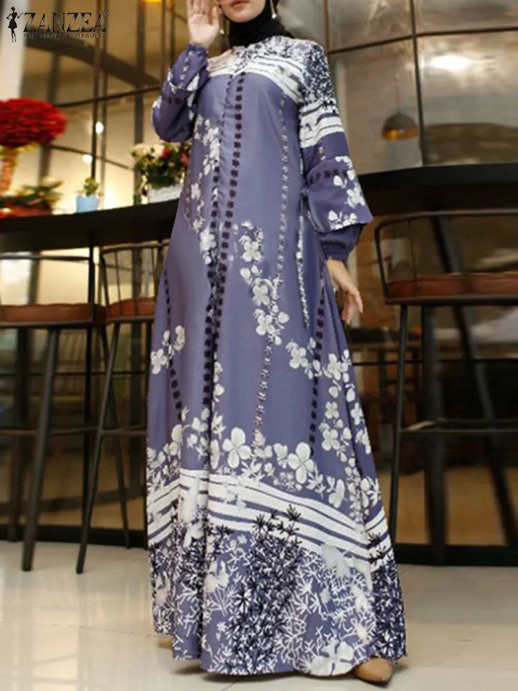 ZANZEA-Vestido largo Vintage con estampado Floral para mujer, traje bohemio musulmán, Abaya, Hijab, ropa islámica, Primavera